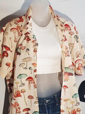 SHEIN Beige Mushroom Print Button Down Shirt